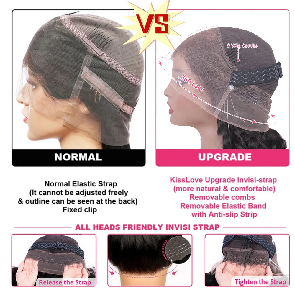 250 Density Hidden Strap 360 Full Lace Front Wig Human Hair Pre Cut Invisible Strap Deep Wave 360 Glueless Wigs with Drawstring