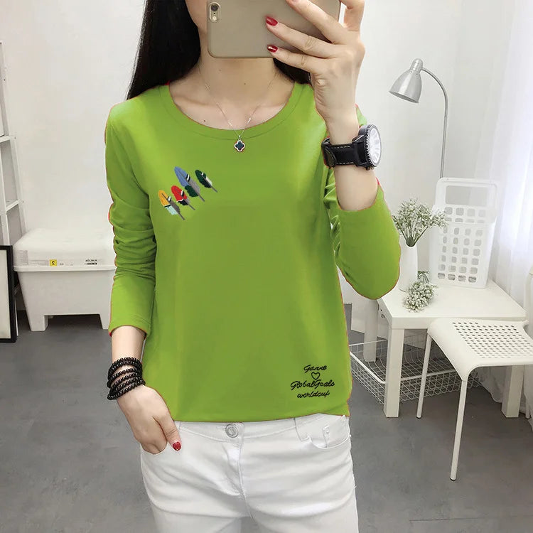 Long Sleeve T-shirt Women Simple Print Round Neck Top Loose Base Shirt Outdoor Wear Autumn Clothes