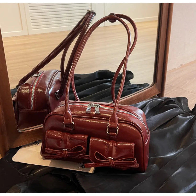 Vintage Women Business Shoulder Bags Simple Ladies Commute Tote Bag Pu Leather Female Underarm Bag Burgundy Large Handbags Purse