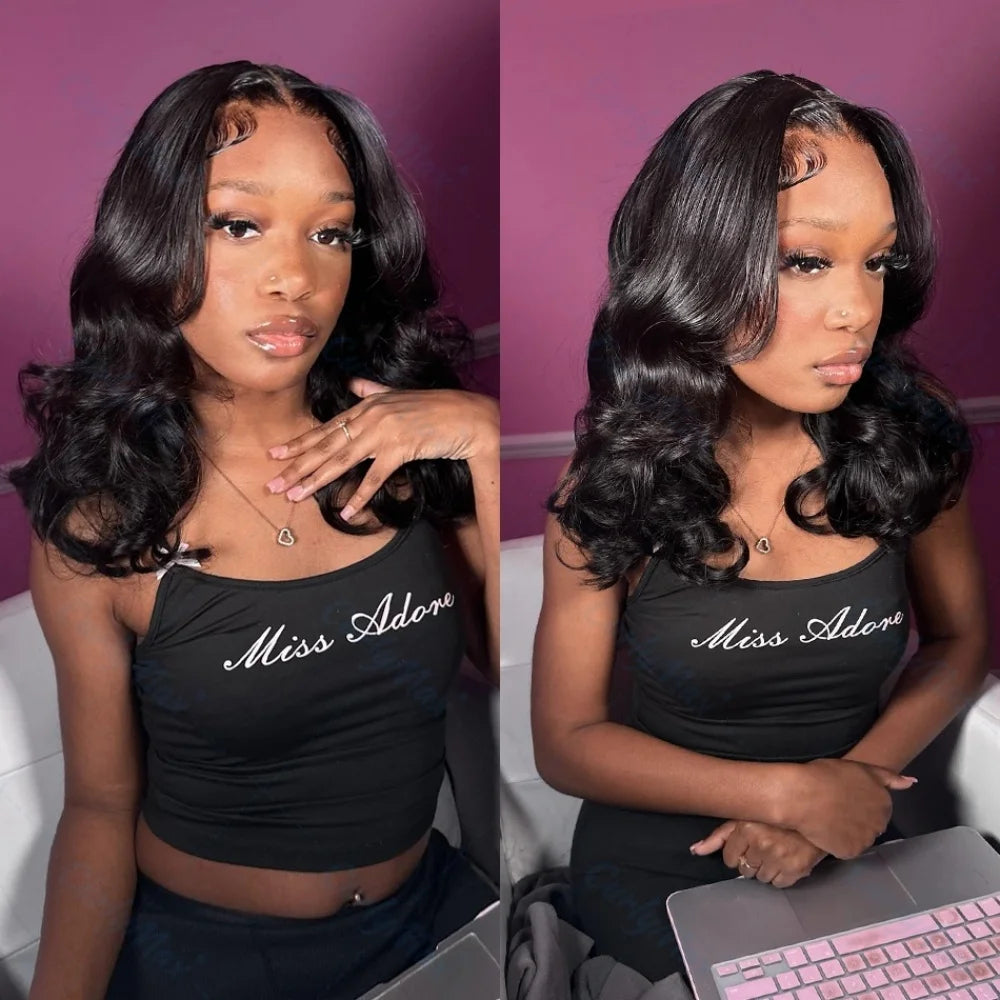 100% Human Hair Body Wave Bob Black Wig Loose Wave 13x4 Lace Front Short Wigs 4x4 Closure Bob Wig with Baby Hair For Women 14 IN