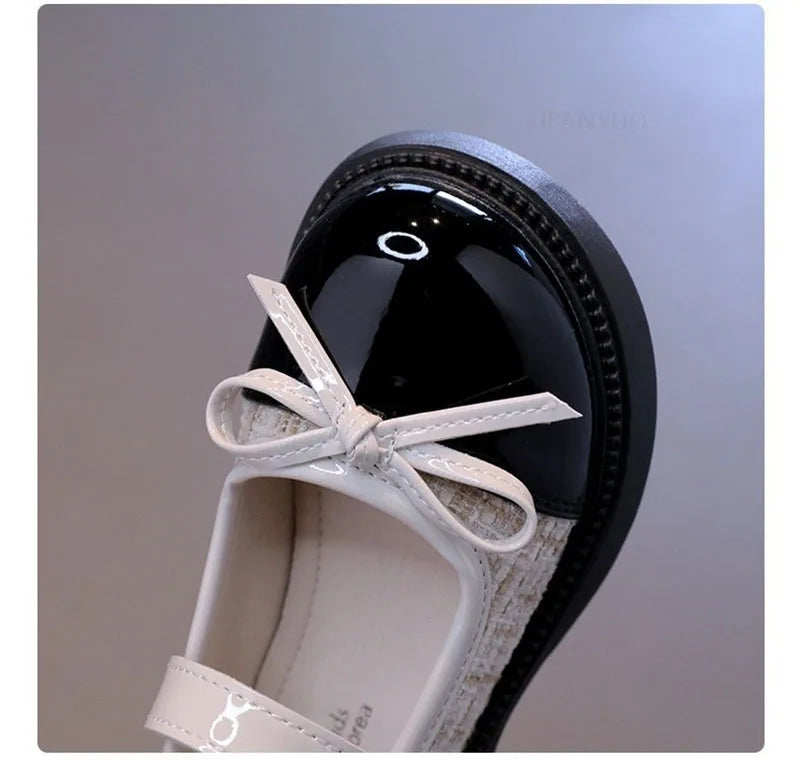 Spring Autumn Children's Leather Shoes with Bowknot Versatile Girls Fashion Mary Jane Shoes Causal Patchwork Kids Princess Shoes