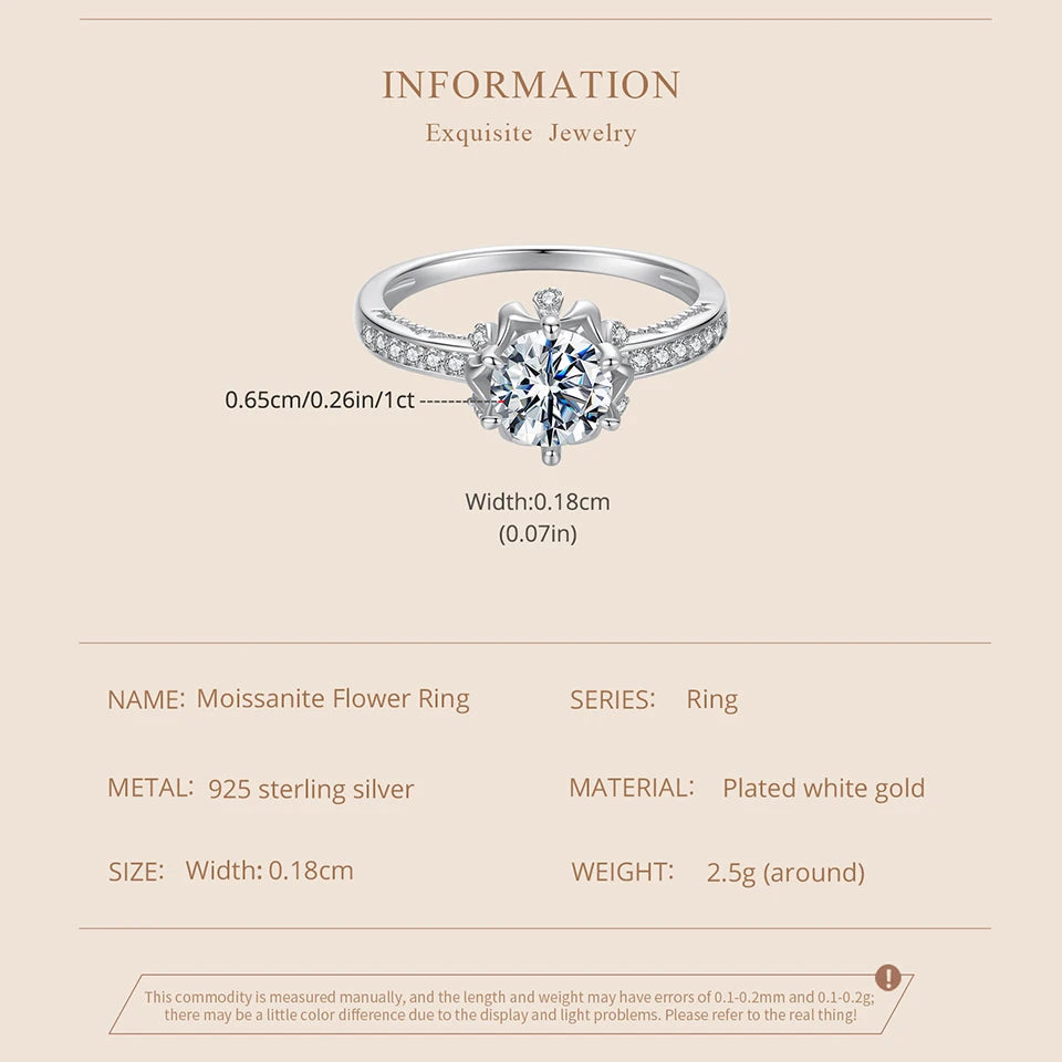 BAMOER D Color VVS1 EX Moissanite Flower Ring 1ct Round Moissanite Diamond Solitaire Engagement 925 Sterling Silver Rings For Wo