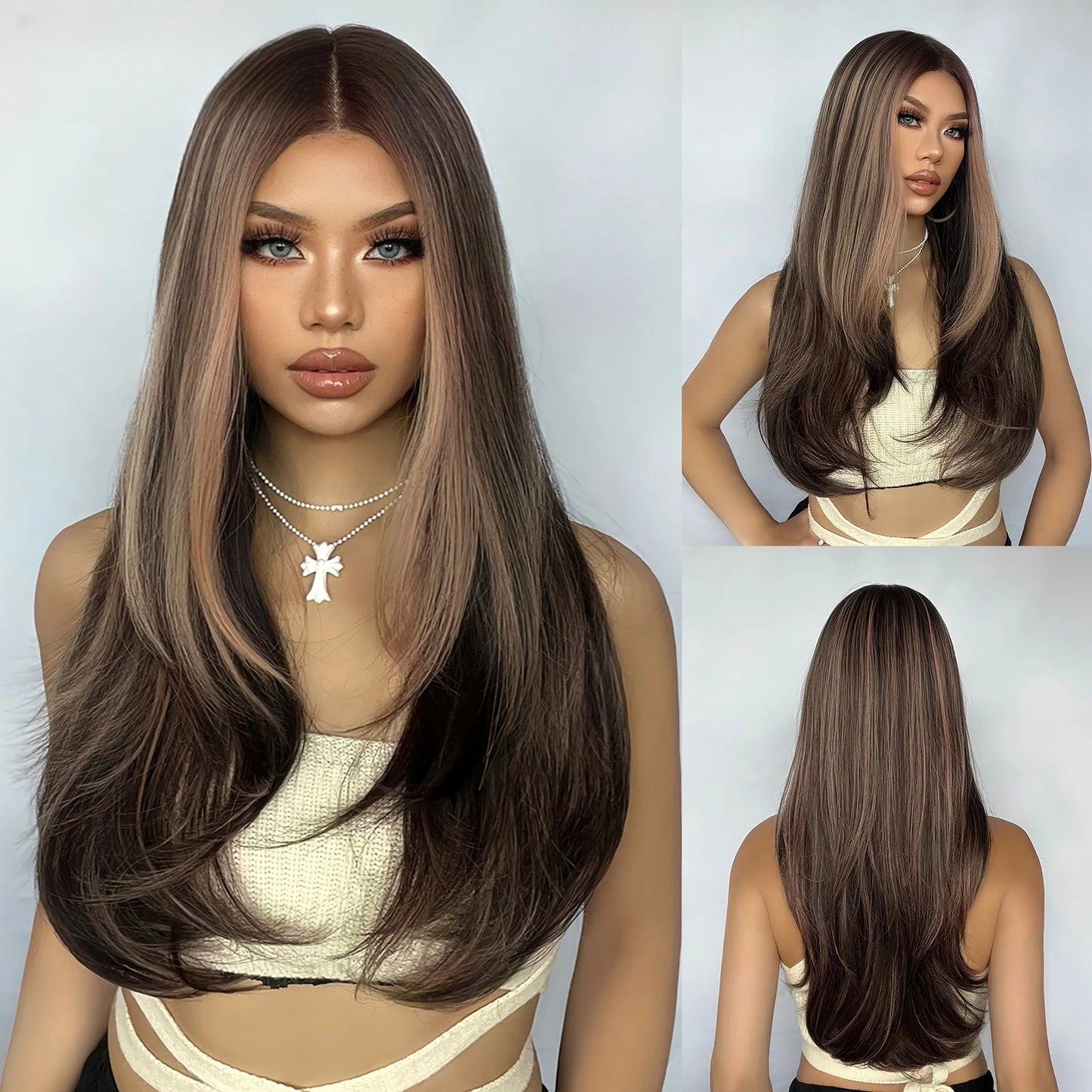 Long Ombre Blonde Synthetic Wigs Middle Part Natural Long Straight layering Wigs For Women Party Halloween Cosplay Daily Wear