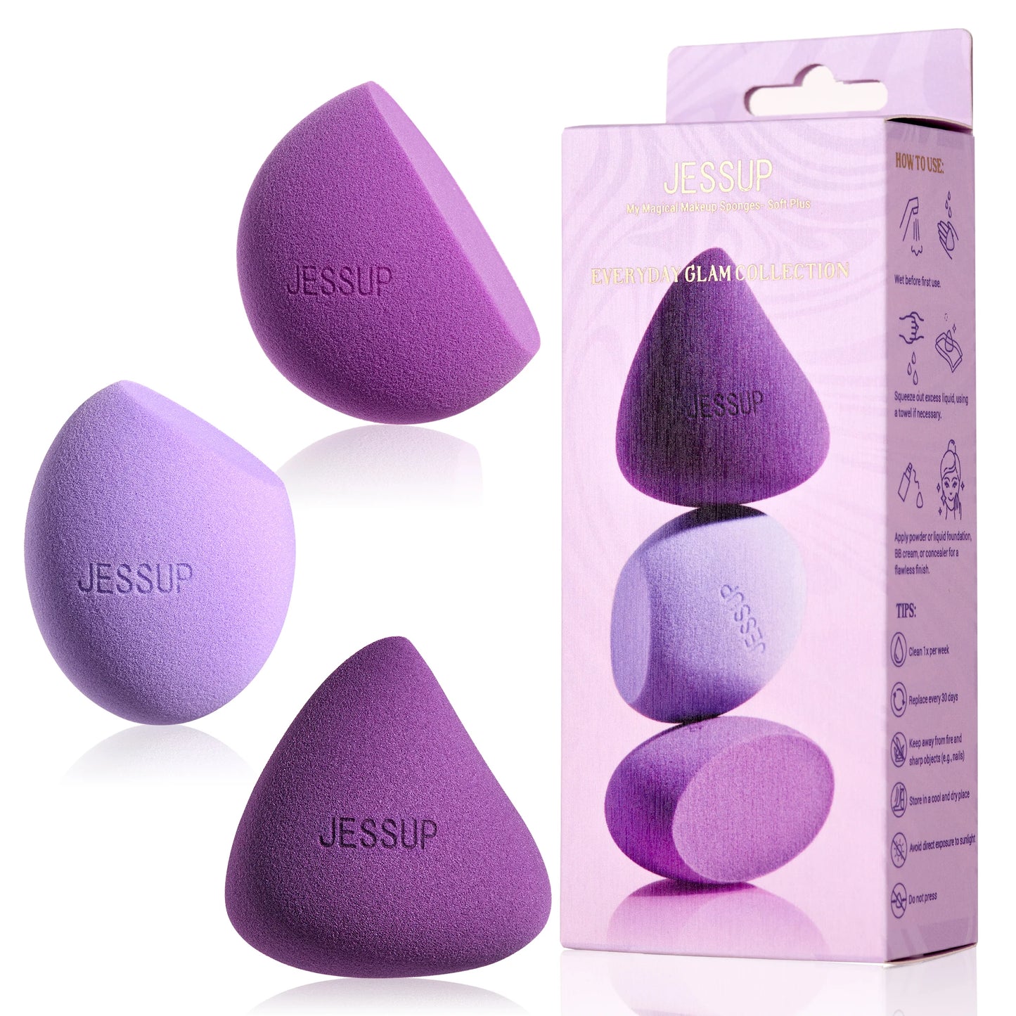 Jessup Makeup Sponge Set, 3pcs Make up Sponges for Face Foundation Concealer Contour and Blusher, Purple SP017