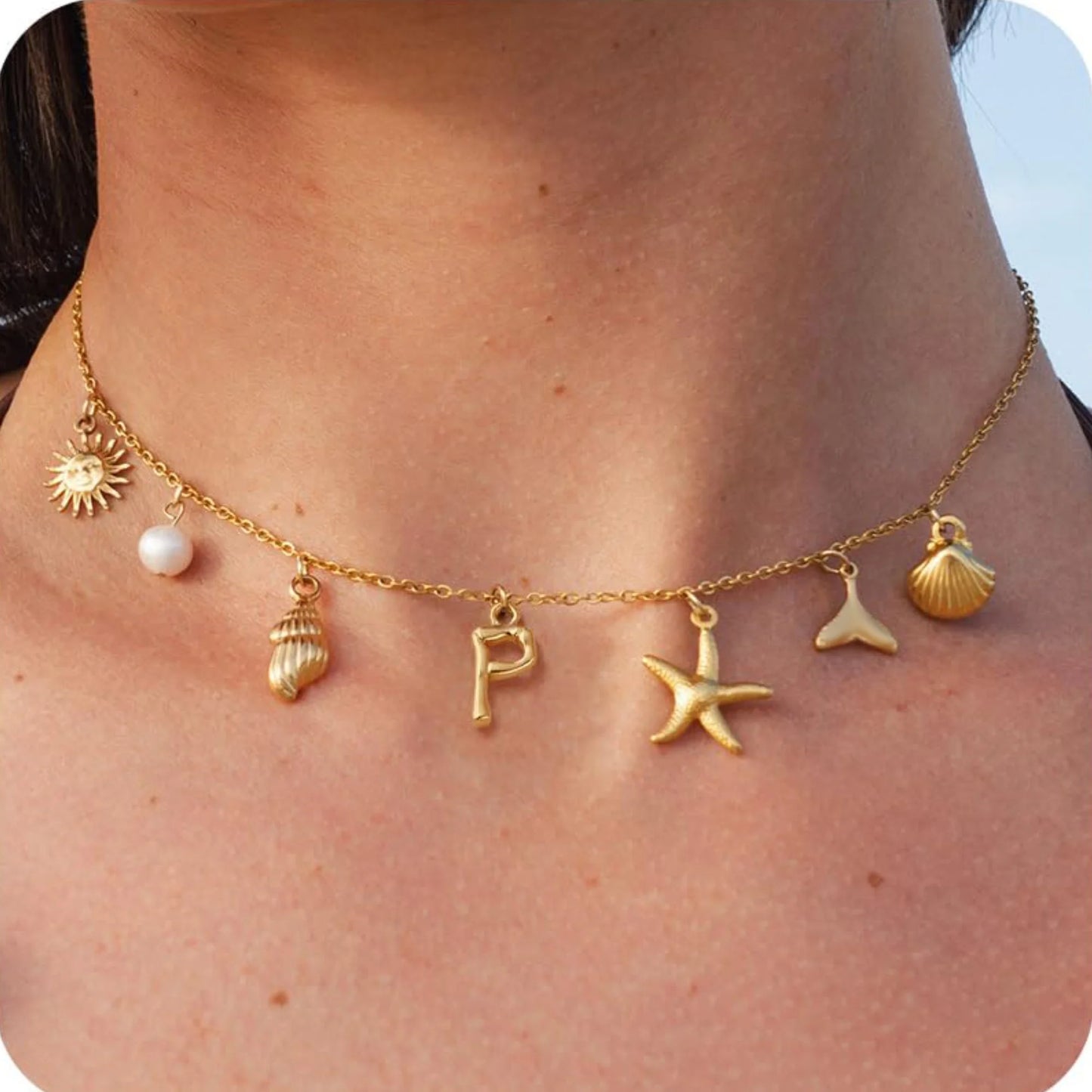 MHS.SUN Starfish Shell Initial Necklace Waterproof 18K Gold Plated Stainless Steel Charm Necklaces Surfer Girl Summer Beach Gift