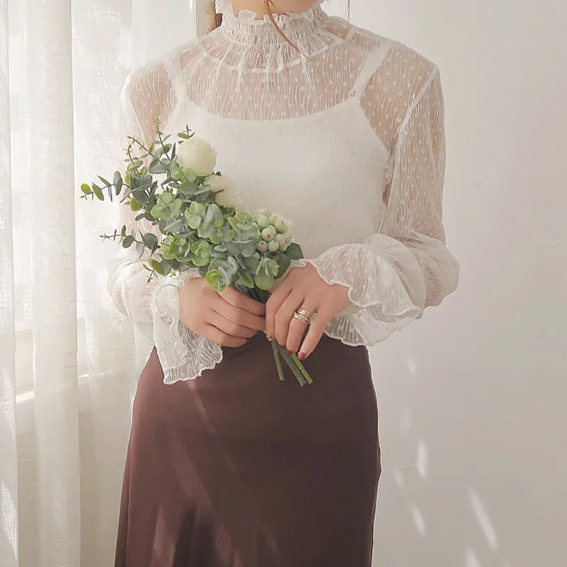 Women Sexy Mesh See Through T Shirt  Long Bell Sleeve Hollow Out Blouse Summer Transparent Sheer High Neck Bottoming Basic Tee