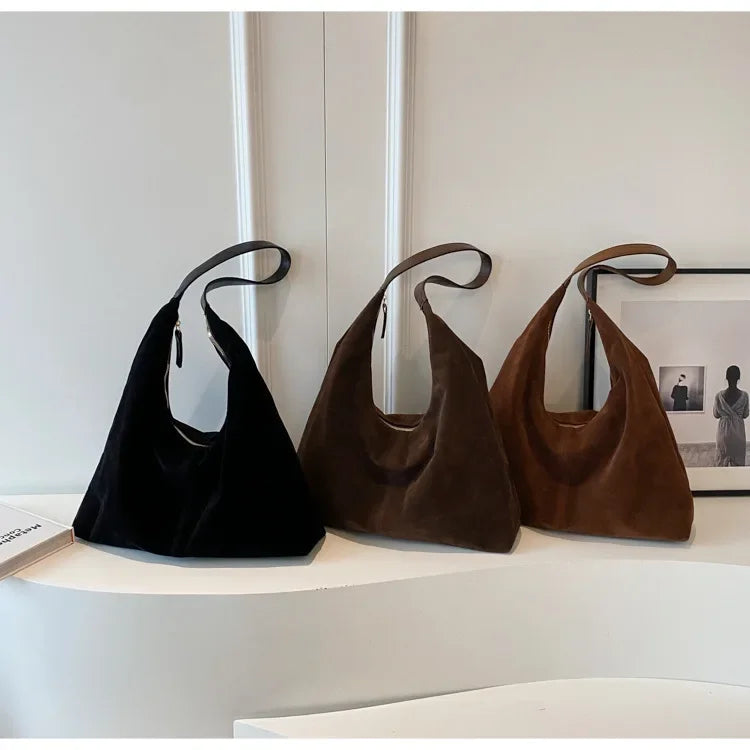 Vintage Suede New Large Capacity Women Tote Bag 2025 Autumn Winter Commute Shoulder Crossbody Bags Fashion Trend Underarm Bags