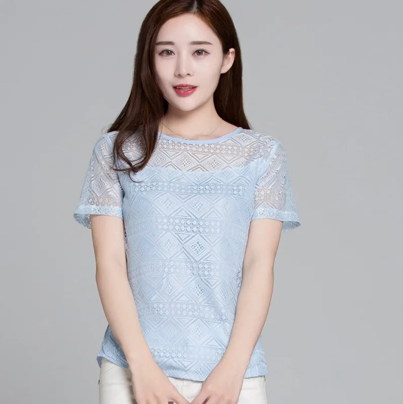 1pcs Summer Women Lace T-Shirt Lady Short-Sleeve Round-Neck tShirt Female Sexy Slim Fit  Tee Girl Chiffon Shirt Fashion Pullover