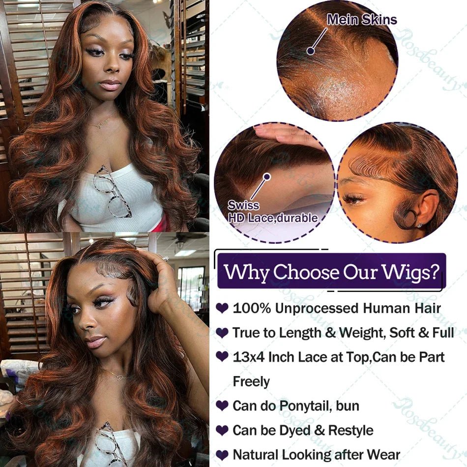 220 Density 30 Inch 1B/30 Black Brown Body Wave Lace Front Human Hair Wigs Colored Highlight 13x6 HD Lace Frontal Wig Human Hair
