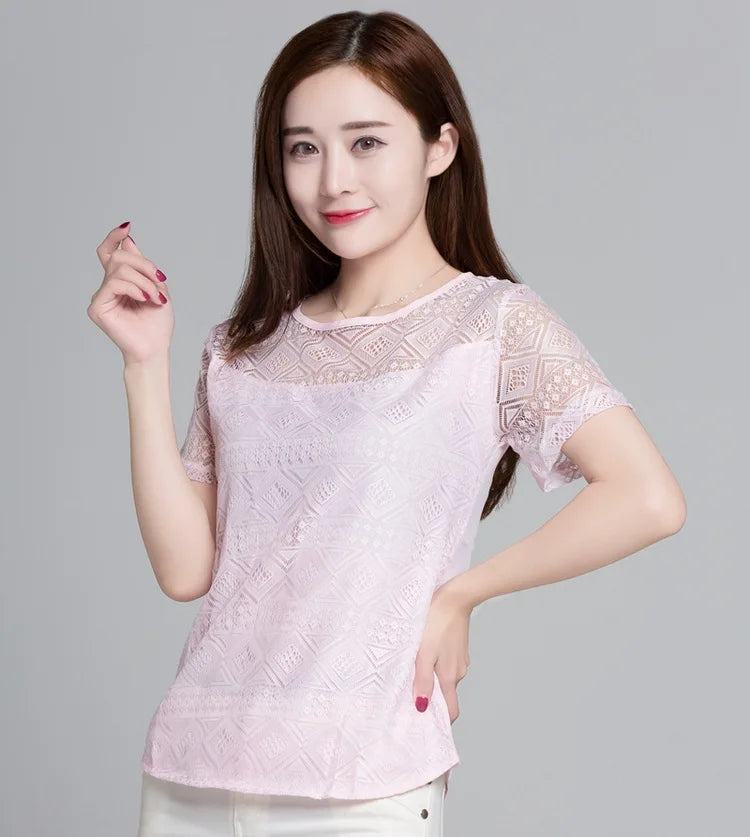 1pcs Summer Women Lace T-Shirt Lady Short-Sleeve Round-Neck tShirt Female Sexy Slim Fit  Tee Girl Chiffon Shirt Fashion Pullover