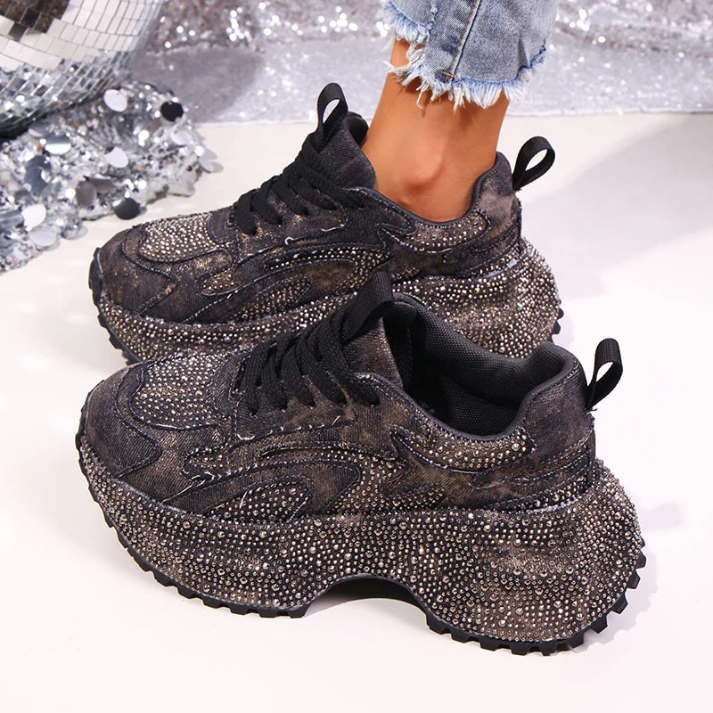 Luxury Rhinestone Chunky Sneakers for Women Fashion Purple Denim Platform Sports Shoes Woman Non Slip Thick Sole Vulcanize Shoes