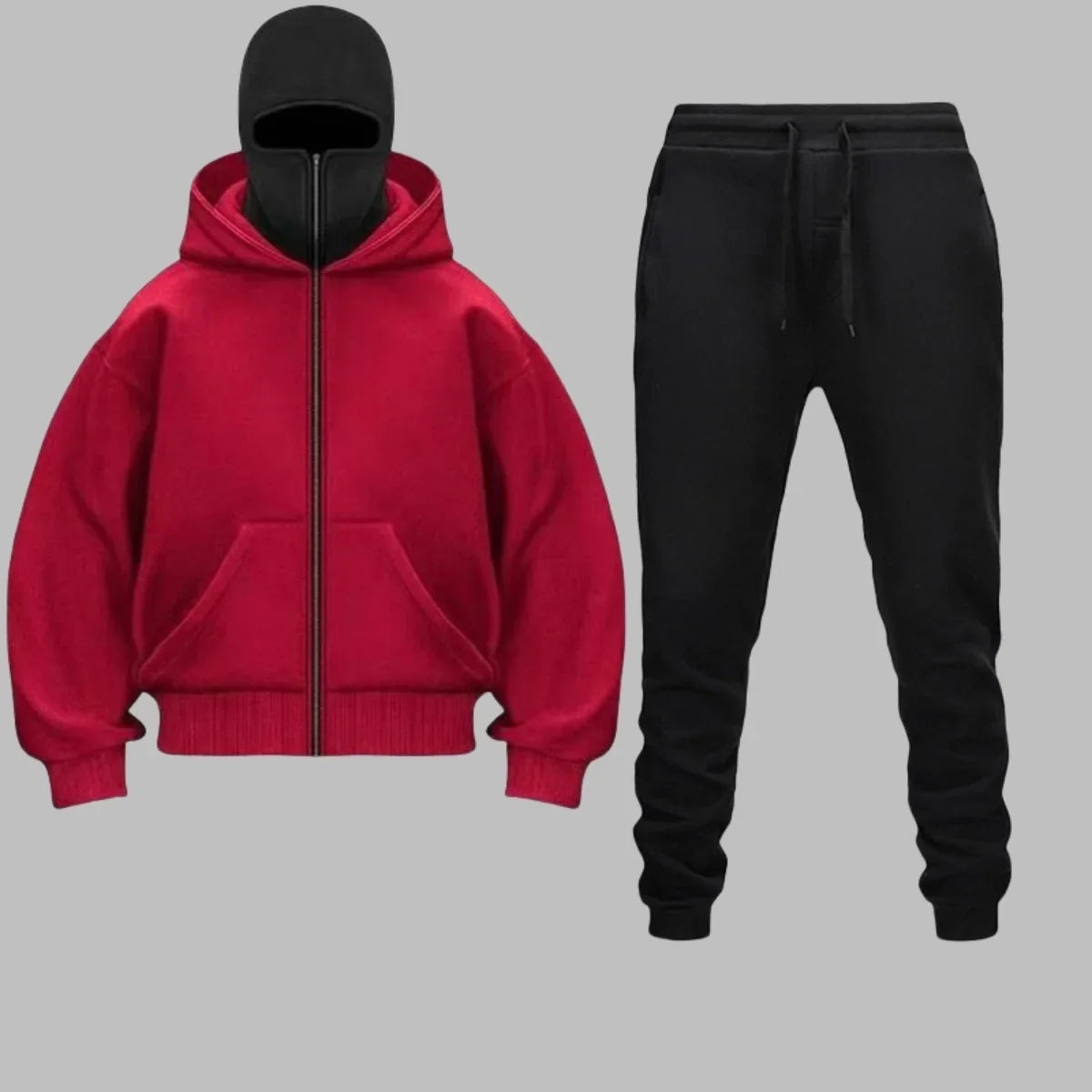 2025 Autumn Winter Men Zippered Hooded Sweatshirt Set - Balakrava Street Fashion Windproof Ninja Letter Design Two-Piece Set