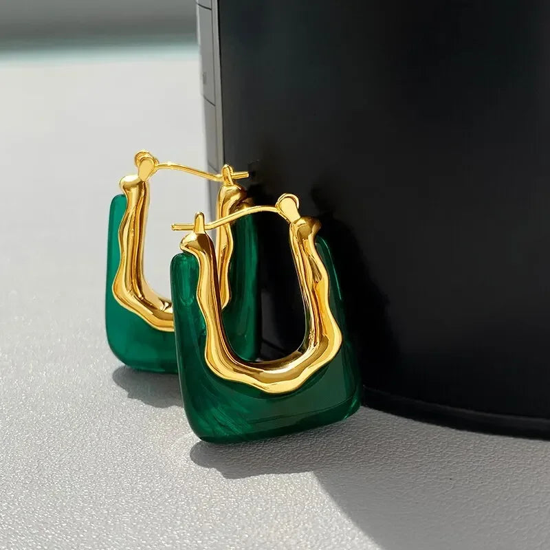 Green Vintage U Shaped Resin Earrings for Women Girls Geometric Irregular Stud Earrings 2025 New Trendy Party Ear Jewelry Gift