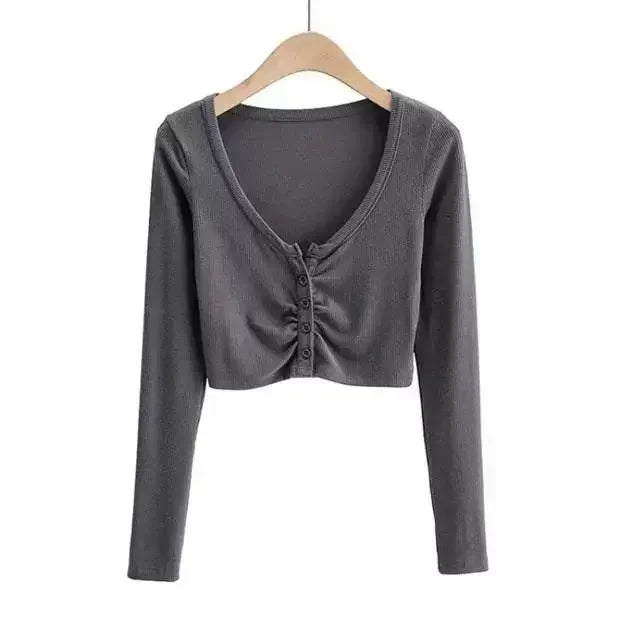 Spring Summer Women Long Sleeve Button T Shirt Female Solid Slim Sexys Casual Tee Shirt Femmes Y2k Clothes Streetwear Crop Tops