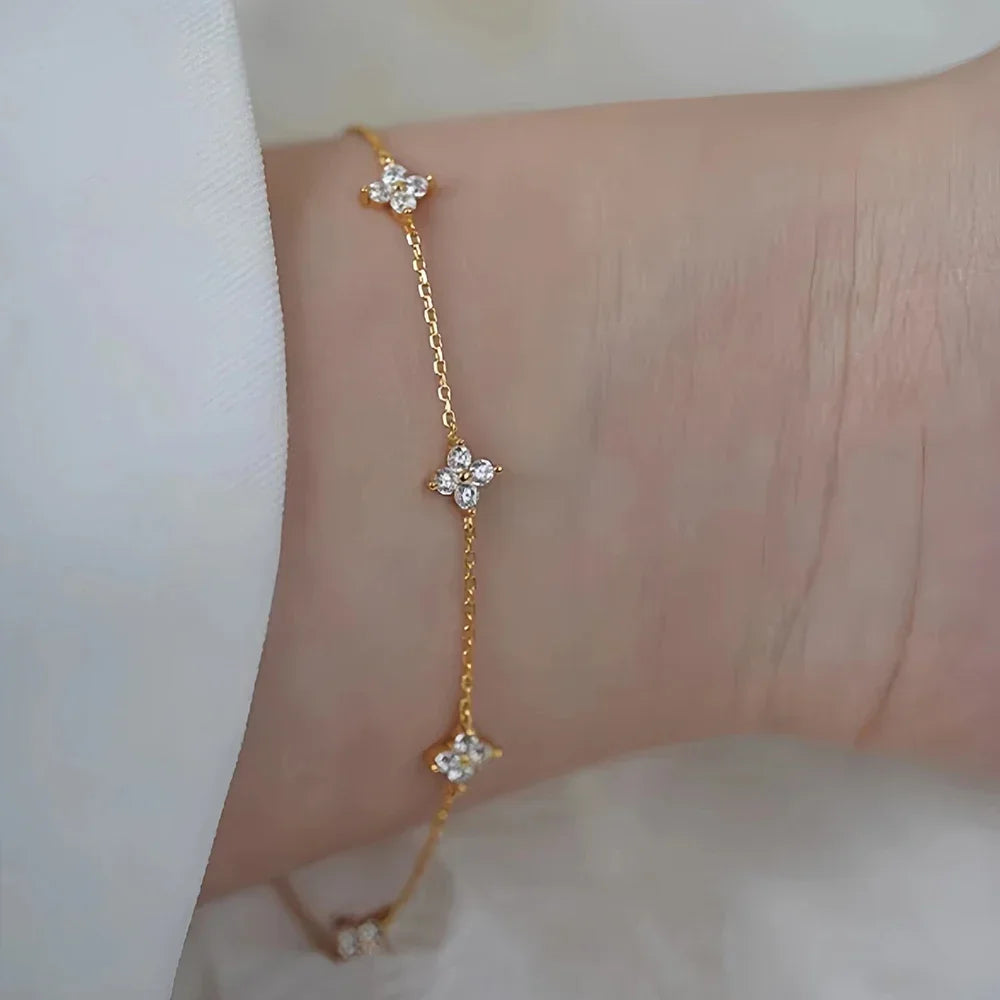 925 Silver Plated Four-leaf Flower Zircon Chain Necklace for Women Luxury Collar Charm Necklaces 2025 Trend Jewelry