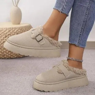 2025 New Plush Buckle Warm Cotton Slippers Winter Thick Sole Thick Snow Boot High Quality Plush Cotton Slippers Zapatos De Mujer