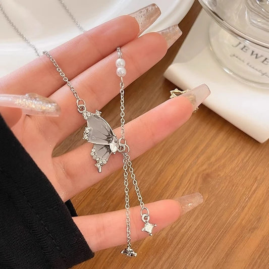 2025 Trendy Butterfly Tassel Zircon Pendant Necklace Crystal Chain Punk Party Statement Jewelry for Women Girls