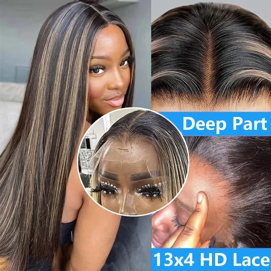 1B/27 Black and Blonde Highlights Bone Straight 13x4 HD Lace Front Human Hair Wigs 200% Brazilian Colored Lace Frontal Wig