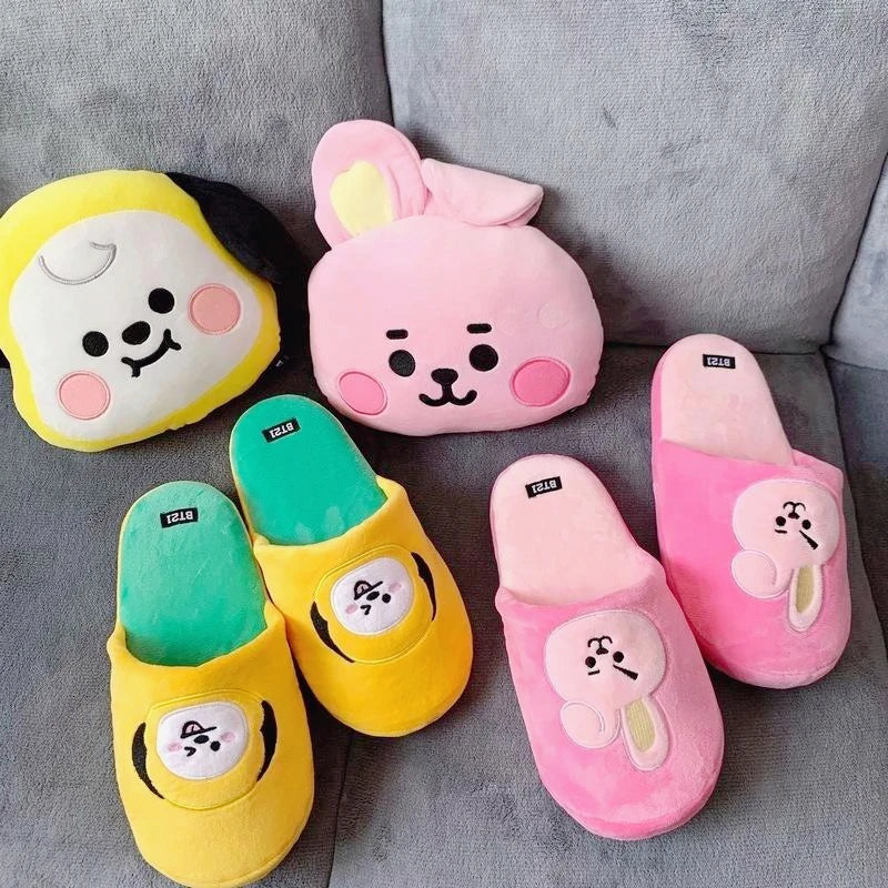 Anime BT21 Kawaii Plush Cotton Slippers Chimmy Cooky Women Fashion Spring Autumn Indoor Non-Slip Slippers