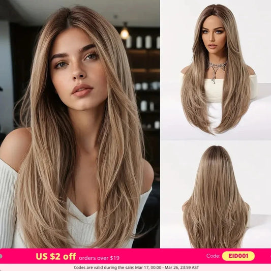 Long Ombre Blonde Synthetic Wigs Middle Part Natural Long Straight layering Wigs For Women Party Halloween Cosplay Daily Wear