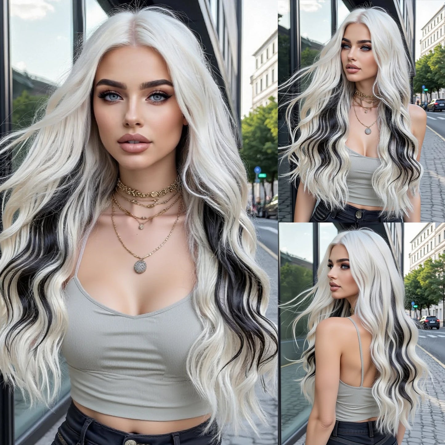 Super Long Wavy White Mixd Black Synthetic Wig Medium Part Water Wave Wigs For Women Daily Cosplay Halloween Colorfull Fake Hair