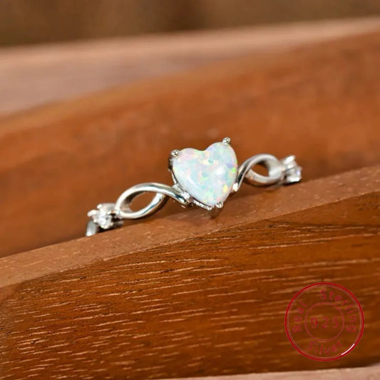 New S925 Sterling Silver Opal Heart Ring - Adjustable European & American Bestseller High-Quality Light Luxury Style Silver Jewe