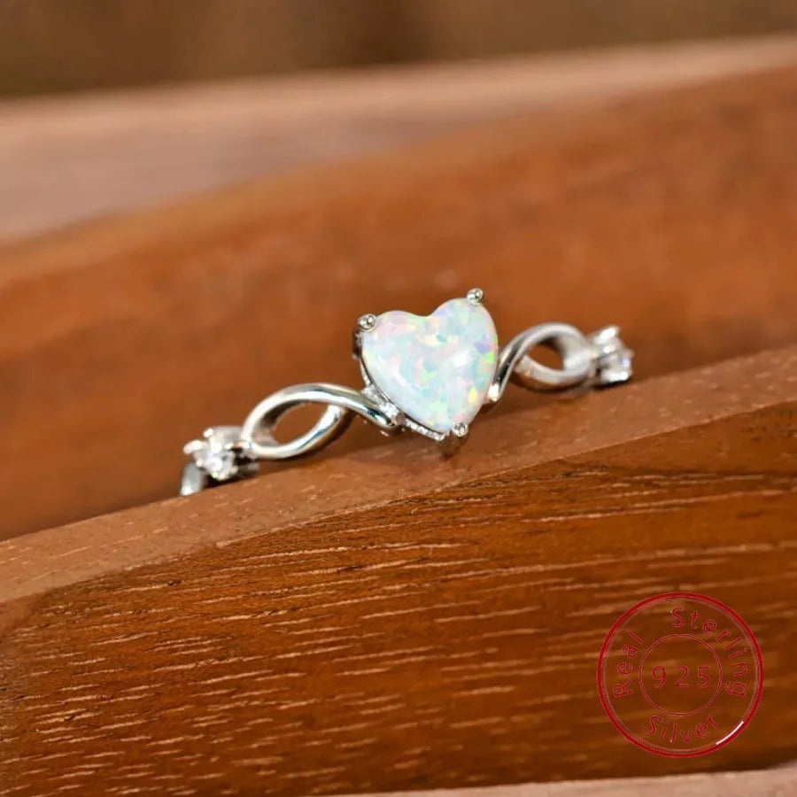 New S925 Sterling Silver Opal Heart Ring - Adjustable European & American Bestseller High-Quality Light Luxury Style Silver Jewe