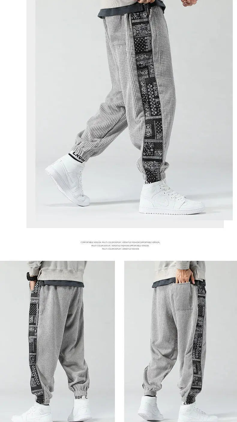 Oversize Cashew Flower Printed Patchwork Casual Pants Y2K High Street Corduroy Sweatpants Men Clothing штаны Pantalones 바지