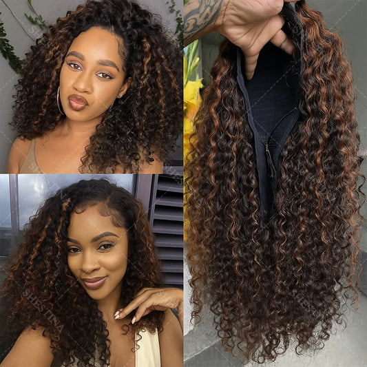 1B/30 highlight 3 In 1 Half Wigs Human Hair Drawstring Burmese 3C 4A Curly Invisible Half Wigs Water Wave Half Wigs Human Hair