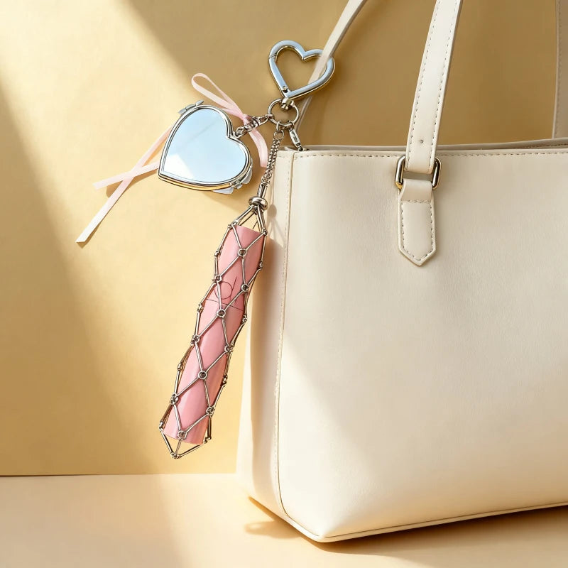 New Portable Lipstick Bag Women Metal Chain Mesh Pouch Stainless Steel Lipstick Holder Case Love Charm Keyrings Accessory