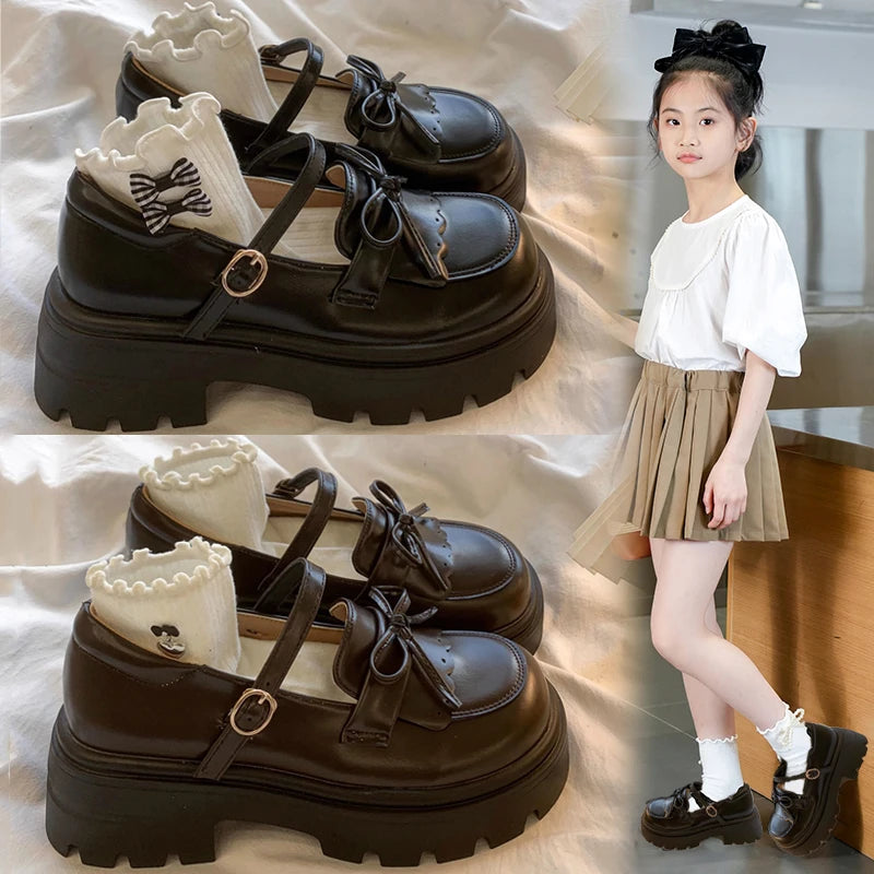 Kids Shoes Black Leather Mary Janes Girls Shoes Bow Thick Sole Casual Party Shoes Toddler Little Girls Fashion Footwear Shoes