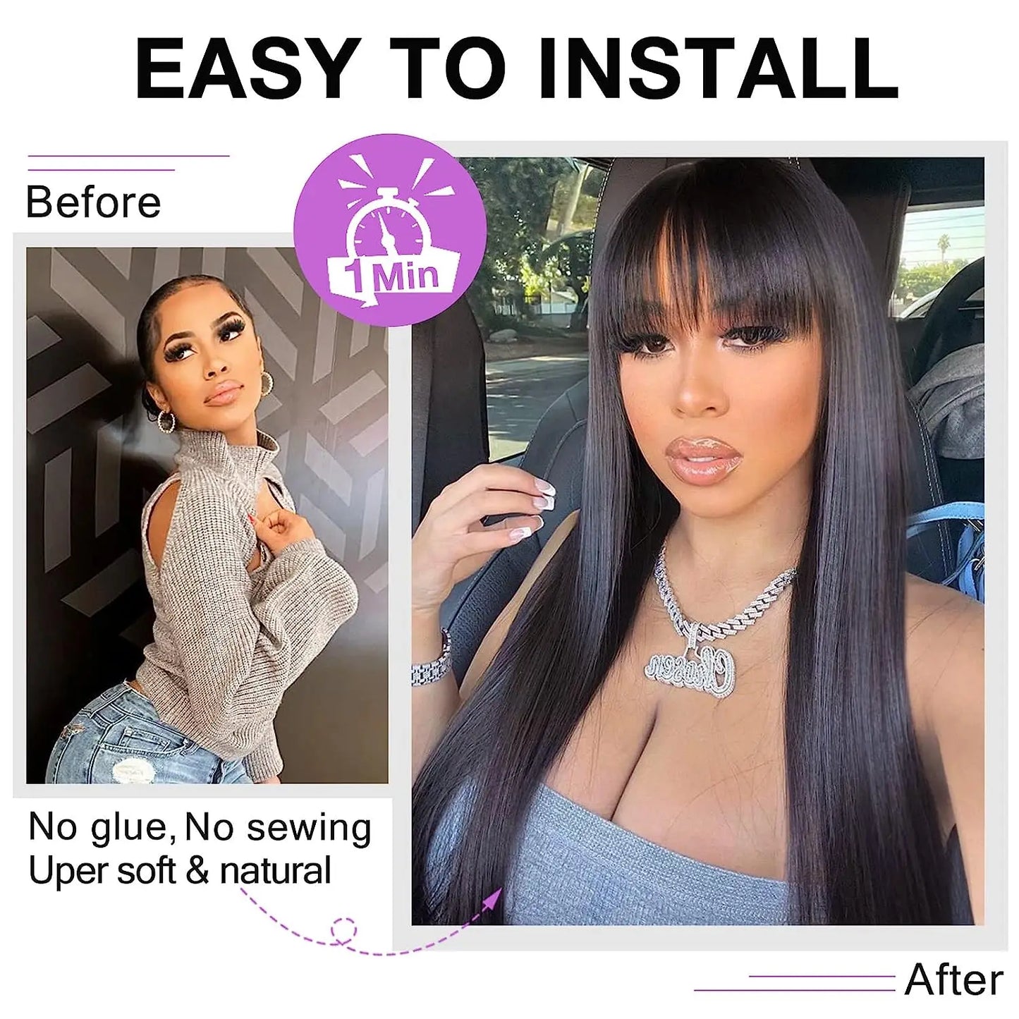 Wig With Bangs Fringe Wigs Human Hair Wig For Women Brazilian 100%Human Hair Sale Bangs Wig Full Machine Made Remy Hair Glueless