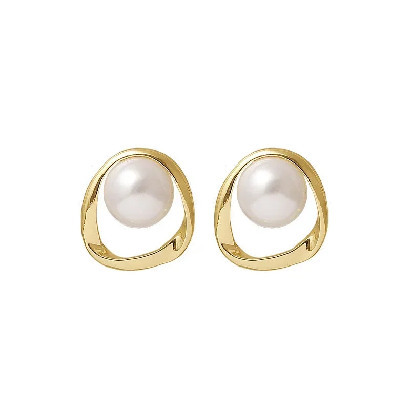 Imitation Pearl Earring for Women Gold Color Round Stud Earrings Korean Delicate Irregular Design Unusual 2023 Fashion Jewelry