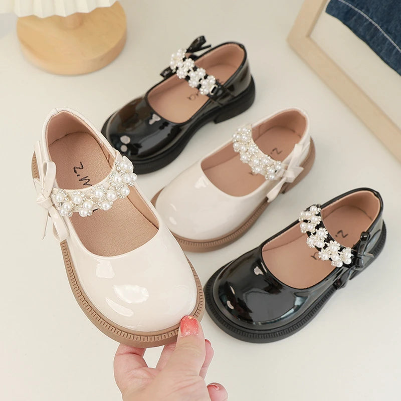 Children's Leather Shoes Glossy PU Black School Girl Shoes Fashion Sweet Kids Princess Soft Bottom Mary Jane Shoes Side Bowknot