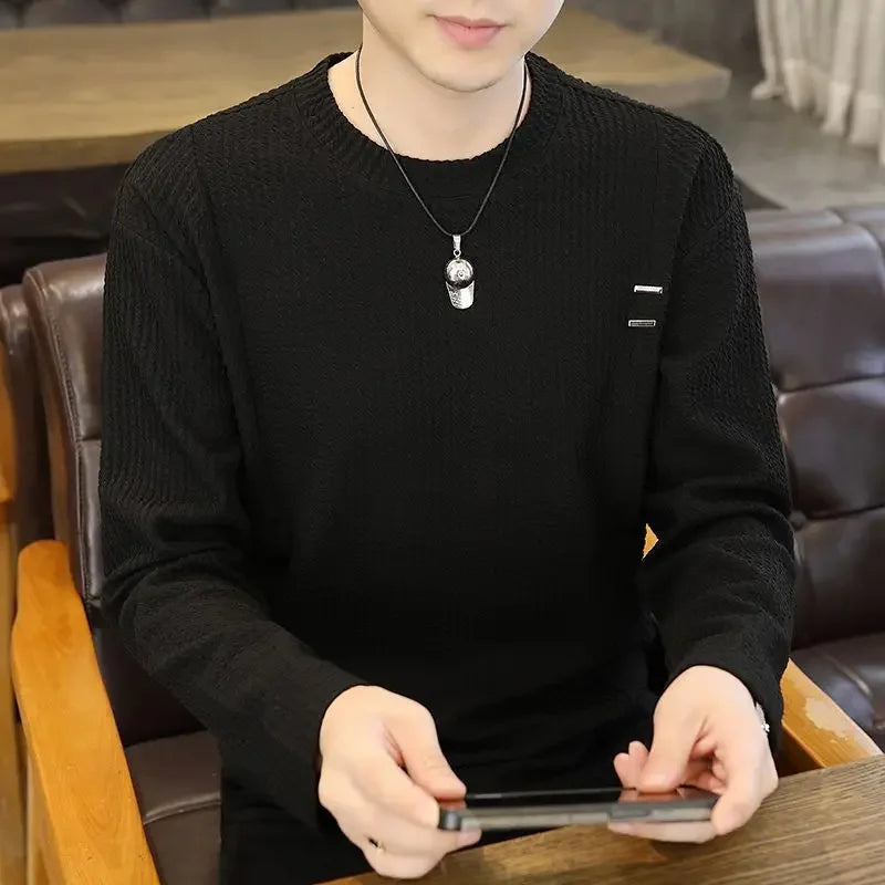 White Long Sleeve Men's T-shirt Pure Color Texture New Inner Wear Base Shirt Autumn Clothes Upper Clothes Fashion Brand