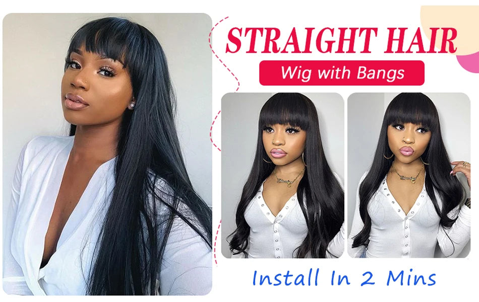Wig With Bangs Fringe Wigs Human Hair Wig For Women Brazilian 100%Human Hair Sale Bangs Wig Full Machine Made Remy Hair Glueless