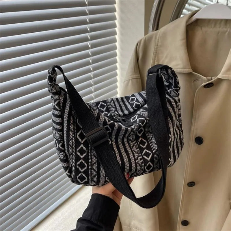 Tribal Style Shoulder Bag, Foldable Crossbody with Zipper Closure, Striped Pattern, Flag Theme Hand Washable Edge Painted Lining