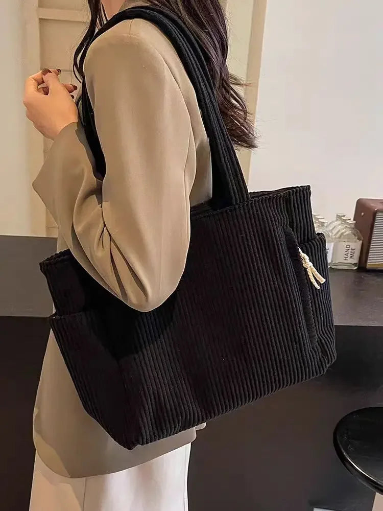 Corduroy Daily Handbag Fashionable Versatile Shoulder Bag for Women Multi-Compartment Zipper Closure Commute Women's Tote Bag