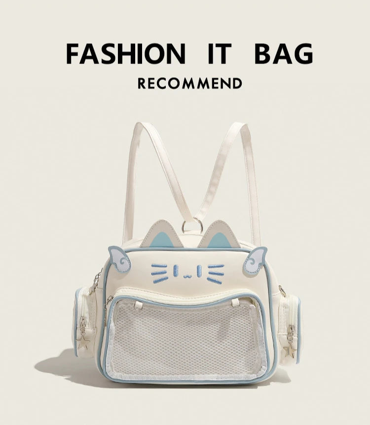 Women's Fashion Backpacks Y2K Korean Japan Kawaii Cat Ita Bag PU Cute Girls Transparent Pocket Aesthetic Shoulder Crossbody Bags