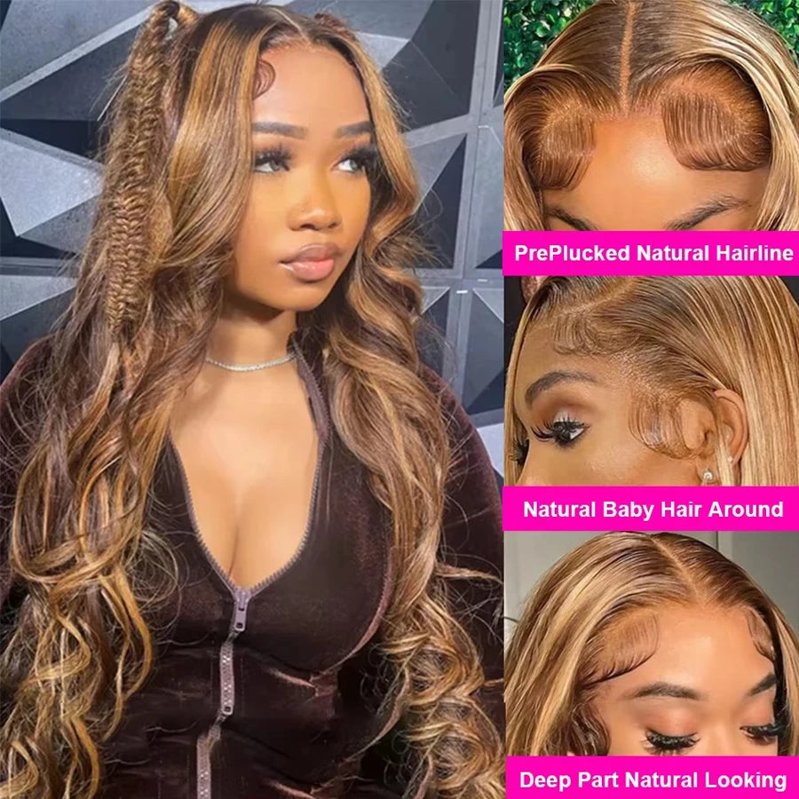 Highlight 250% Density 30inch 13x4 Hd Lace Front Wig Human Hair Body Wave Brazilian Glueless Lace Frontal Pre Plucked Wig Women
