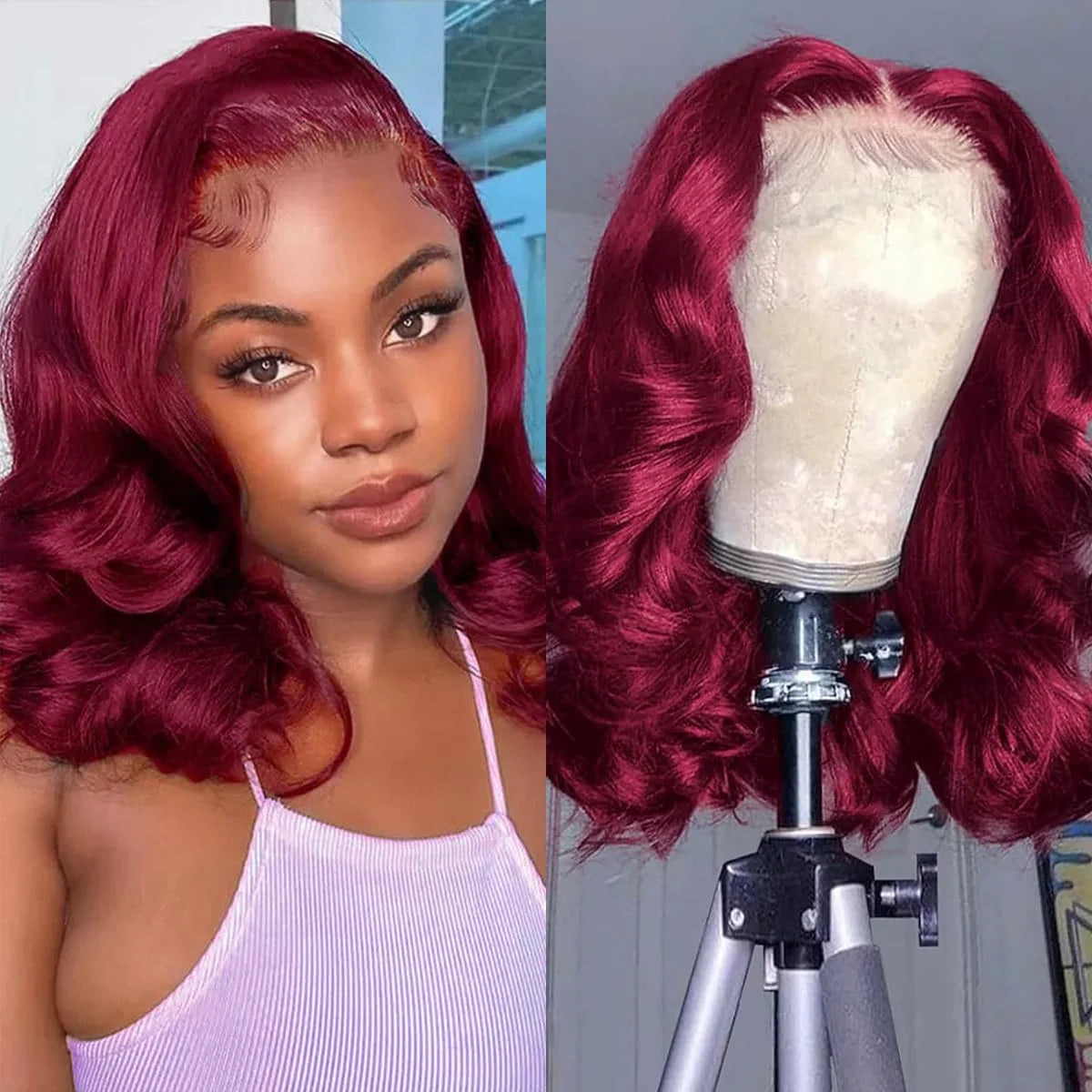 Brazilian 250% Burgundy 99J Body Wave Human Hair Wigs Red Wine Bouncy Curly Short Bob Hair Wigs 13x4 Lace Front Human Hair Wigs