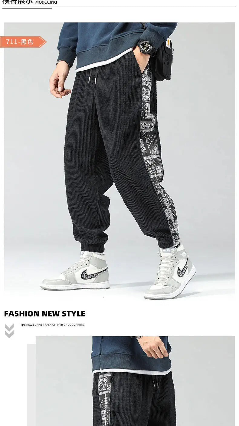 Oversize Cashew Flower Printed Patchwork Casual Pants Y2K High Street Corduroy Sweatpants Men Clothing штаны Pantalones 바지