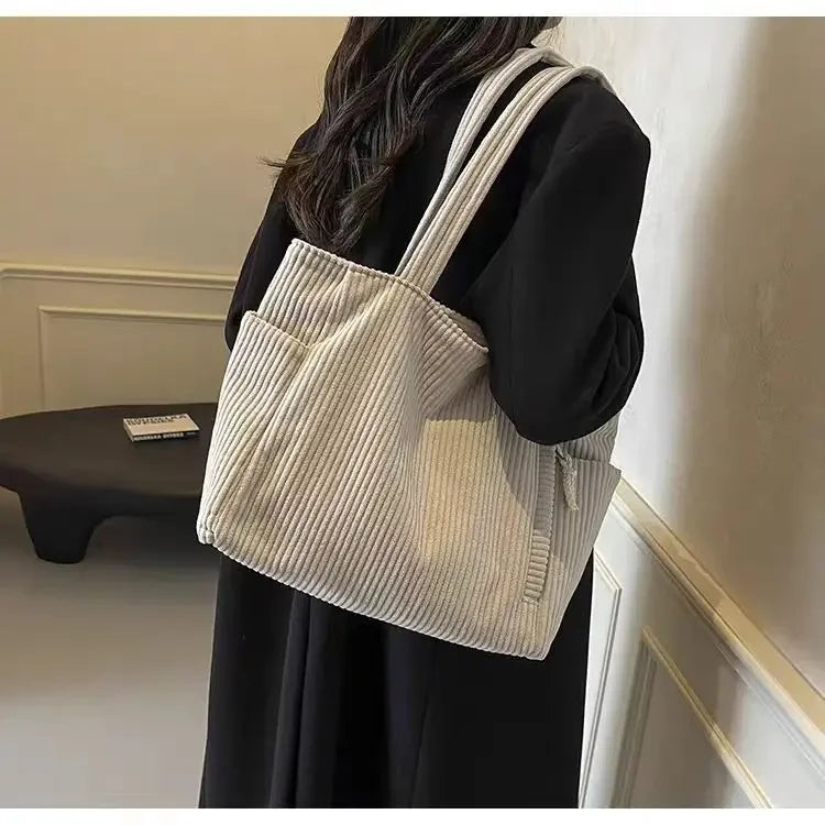 Corduroy Daily Handbag Fashionable Versatile Shoulder Bag for Women Multi-Compartment Zipper Closure Commute Women's Tote Bag