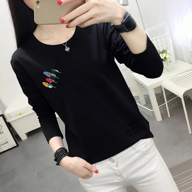Long Sleeve T-shirt Women Simple Print Round Neck Top Loose Base Shirt Outdoor Wear Autumn Clothes