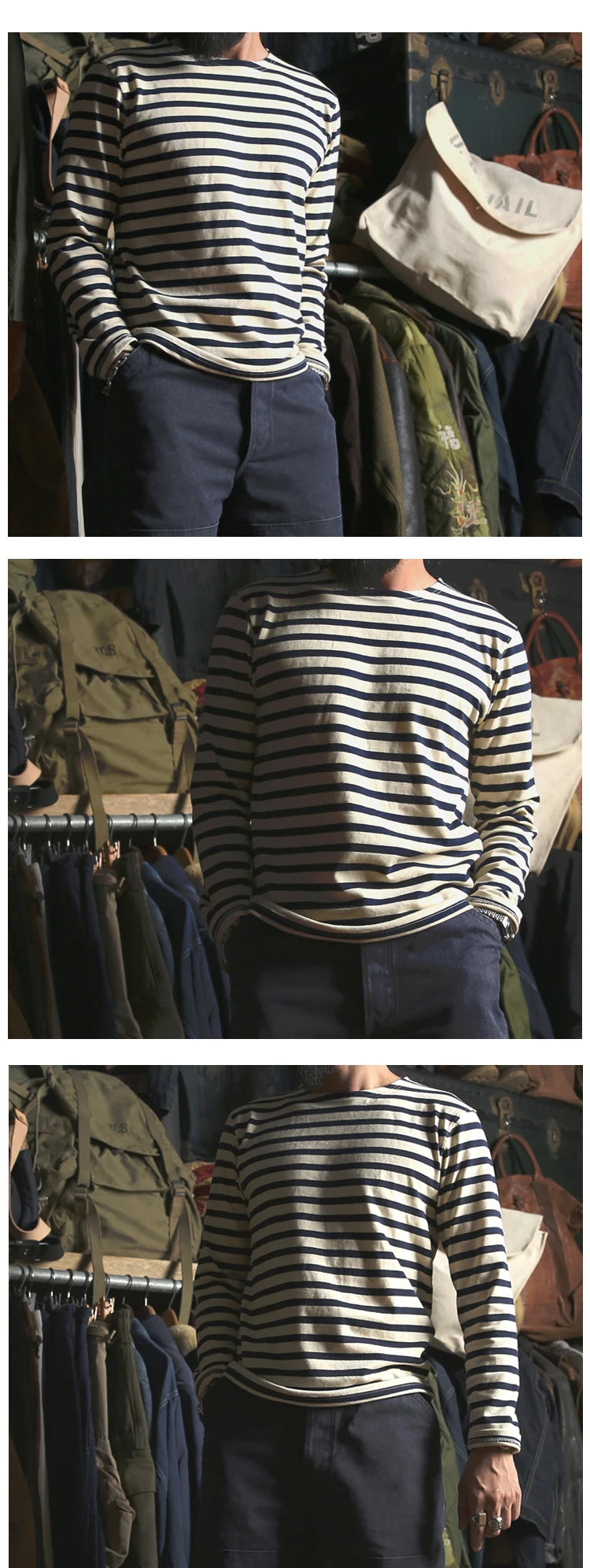 Bronson Sailor's Striped Shirt Vintage Fashion Breton Boat Collar Long Sleeve T-Shirt
