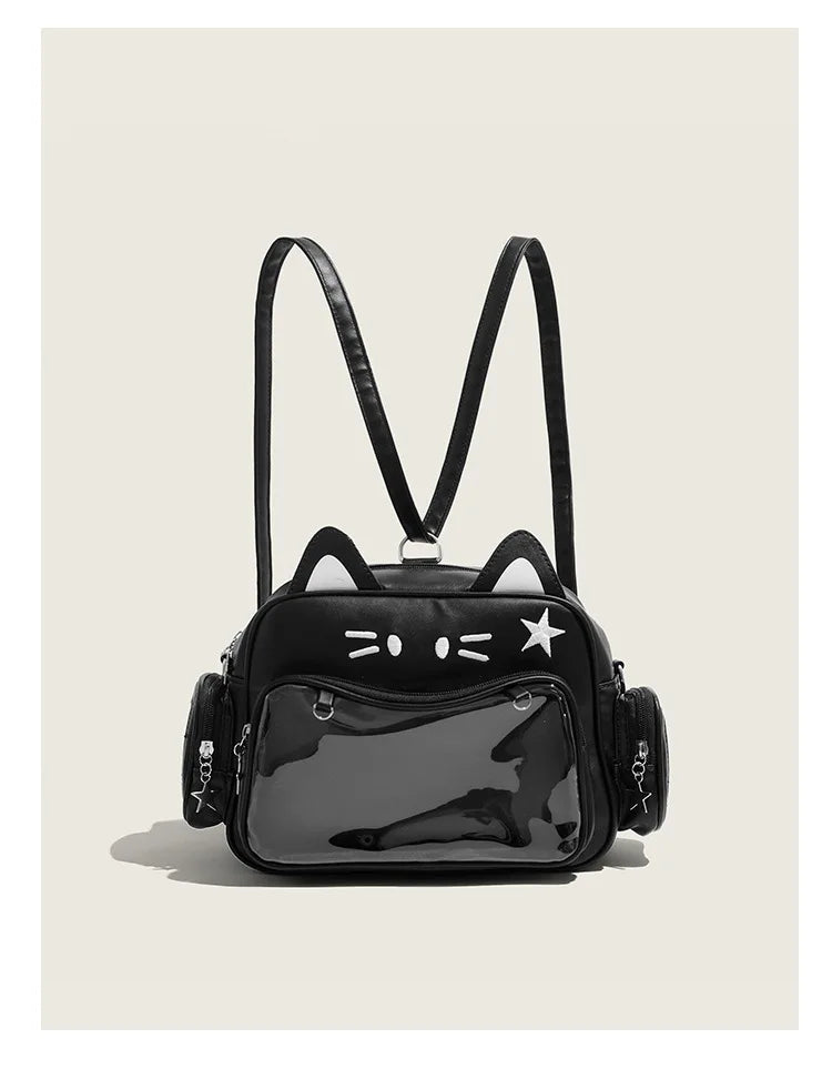 Women's Fashion Backpacks Y2K Korean Japan Kawaii Cat Ita Bag PU Cute Girls Transparent Pocket Aesthetic Shoulder Crossbody Bags