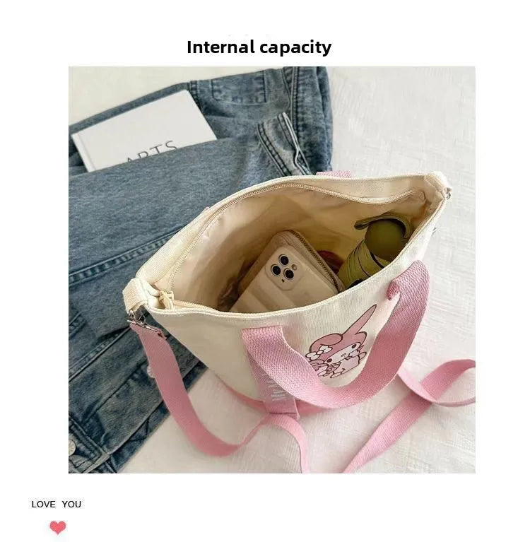 Sanrio Hello Kitty Kuromi Canvas Shoulder Bag Kawaii Anime Print Lightweight Crossbody Purse for Girl