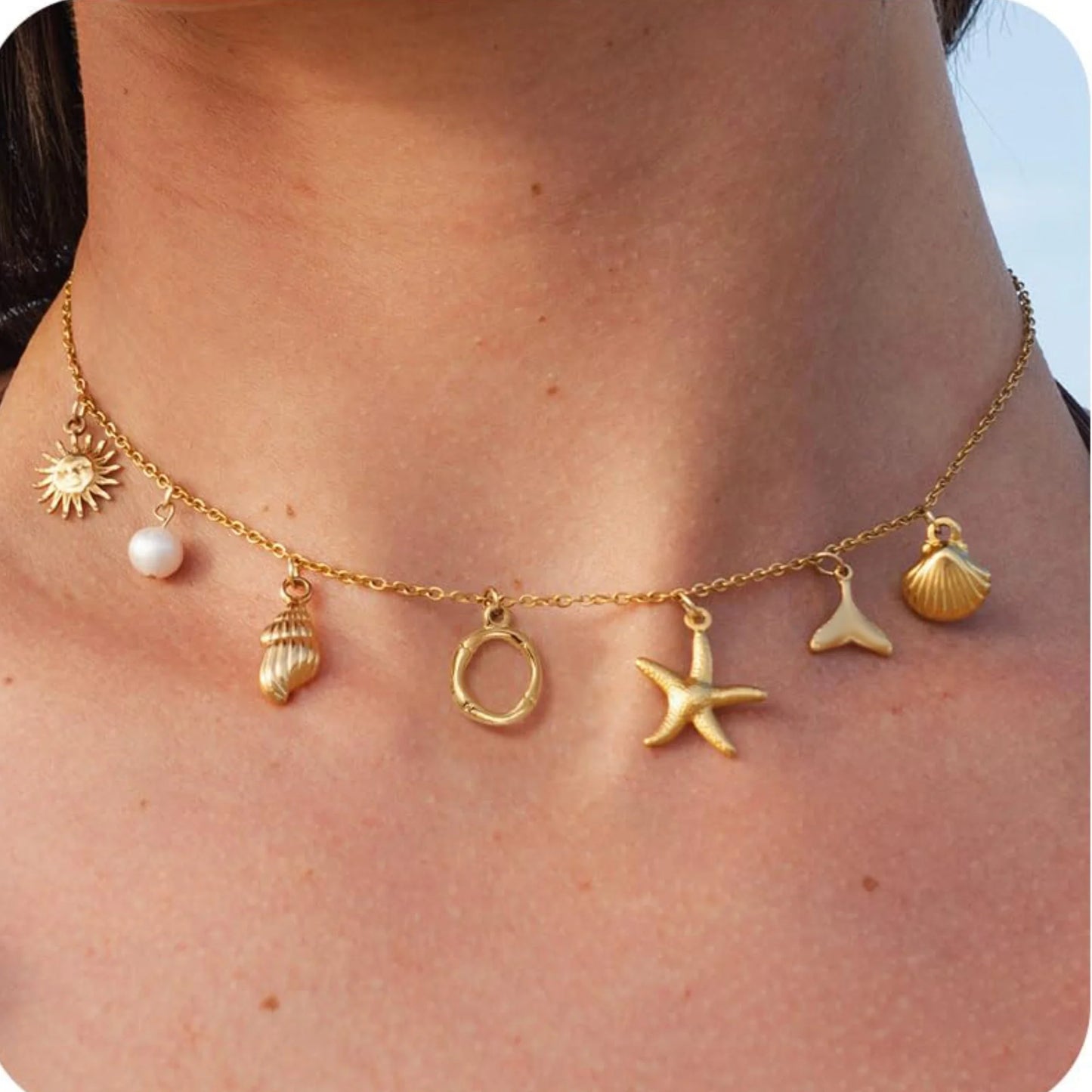 MHS.SUN Starfish Shell Initial Necklace Waterproof 18K Gold Plated Stainless Steel Charm Necklaces Surfer Girl Summer Beach Gift