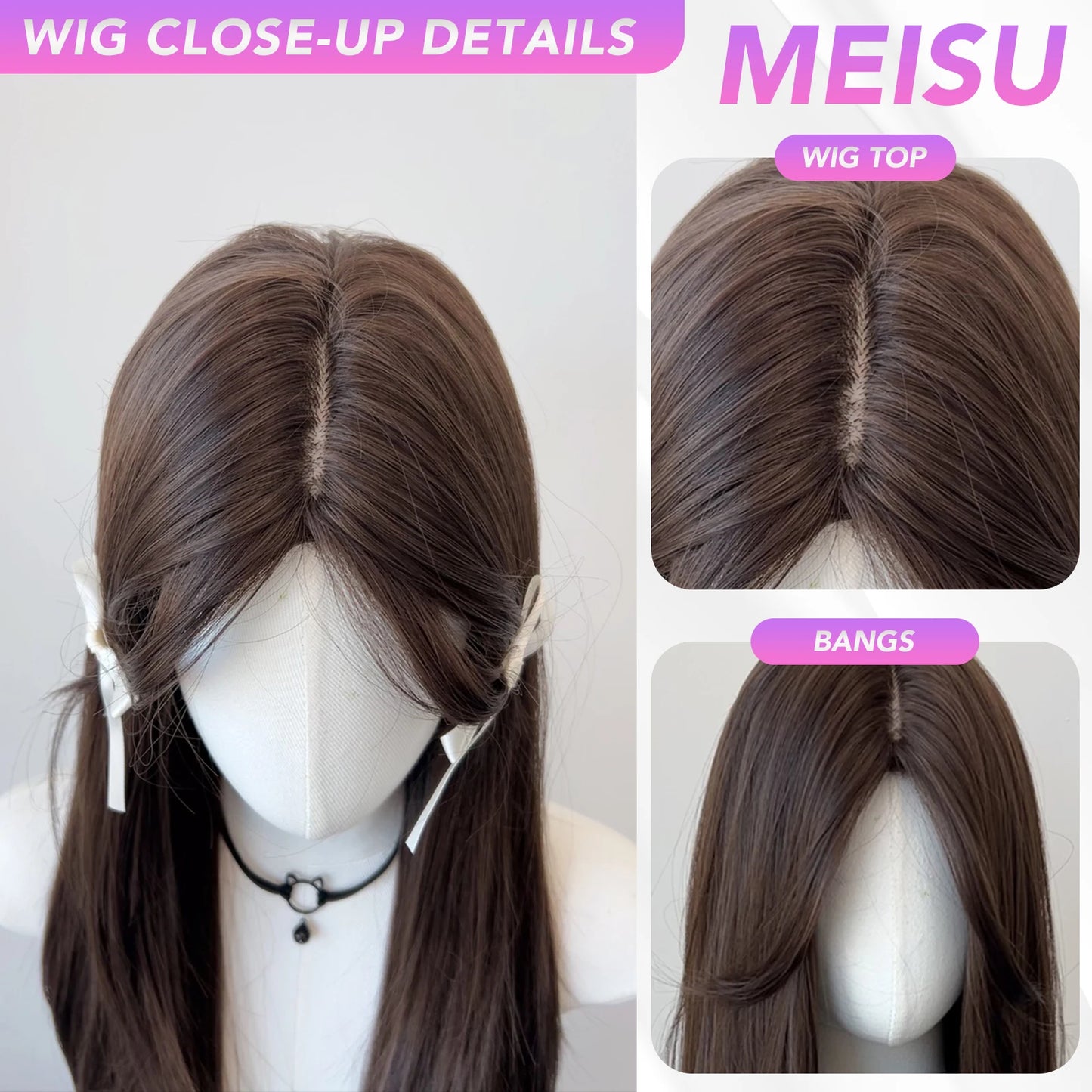 MEISU 24-26 Inch Dark Brown Straight Synthetic Wig  Heat-Resistant Natural Smooth Hair Stylish Party Bangs Wigs For Women