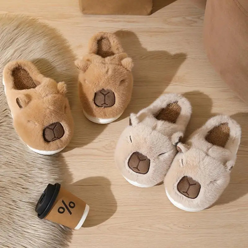Cute Cartoon Capybara Cotton Slippers Women 2025 Winter Soft Thick Bottom Indoor Couple Slides Warm Faux Fur Bedroom Slippers